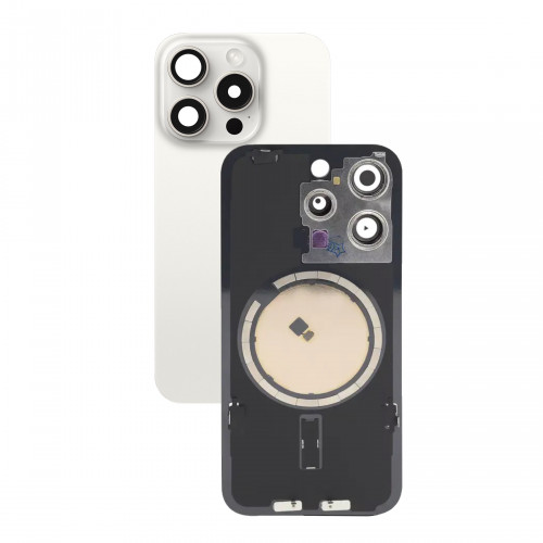 iPhone 15 Pro задняя крышка в сборе с окошками камеры (White Titanium) белый титан